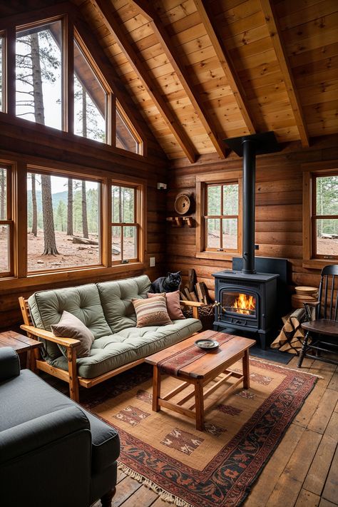 little cabin in the woods with large living area Alaska Log Cabins, Off Grid Hunting Cabin, One Room Cabin Layout, Old Cabin Makeover, Forest House Interior Design, Colorado Cabin Interior, Loft Cabin Ideas, Small Cabin In Woods, Amish Built Cabins