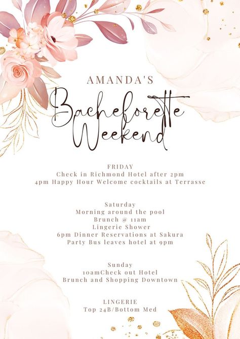 Bachelorette Schedule Template, Bachelorette Template, Bachelorette Schedule, Weekend Schedule, Party Itinerary, Bachelorette Weekend Itinerary, Personalized Bachelorette, Bridal Shower Inspo, Bachelorette Itinerary