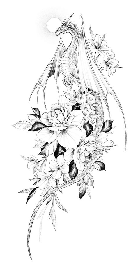 Dragon Tattoo With Flowers, Dragon Tattoo Drawing, Tattoos Dragon, Feminine Body, Dragon Sleeve, Hip Thigh Tattoos, Dragon Tattoo Art, Tattoo Symbols, Women Picture