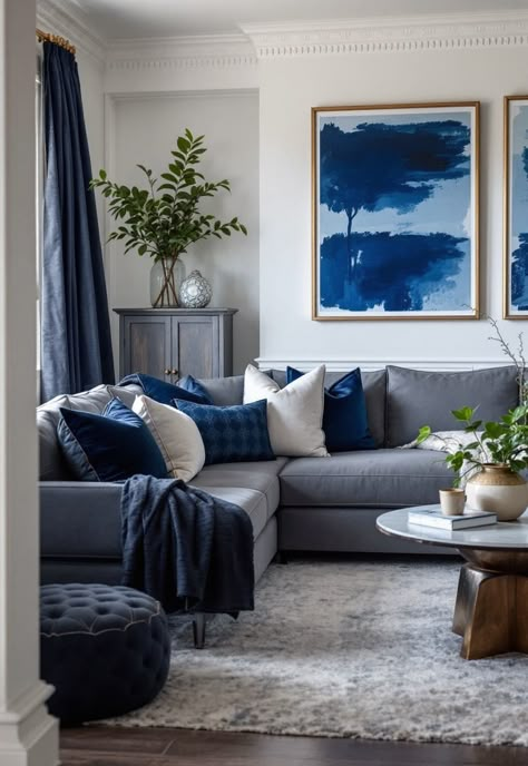 Dark Grey Couch Living Room Navy Grey Cream Living Room, Gray Couch Navy Accents, Navy Walls Grey Sofa, Lounge Room Ideas Navy Couch, Blue Grey House Decor, Navy Living Room Grey Sofa, Grey Sofa Navy Cushions, Grey Couch Navy Pillows, Navy Blue And Grey Apartment Decor