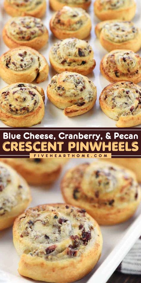 One of the best holiday appetizers using crescent rolls! They're great as a New Year's Eve food idea or a simple game day recipe. Studded with blue cheese, cranberries, and pecans, these crescent pinwheels are delicious and festive! Appetizers Using Crescent Rolls, Crescent Roll Pinwheels, Pecan Pinwheels, Crescent Pinwheels, Unique Holiday Recipes, Cranberry Pinwheels, Using Crescent Rolls, New Year's Eve Food, Easy Holiday Appetizers