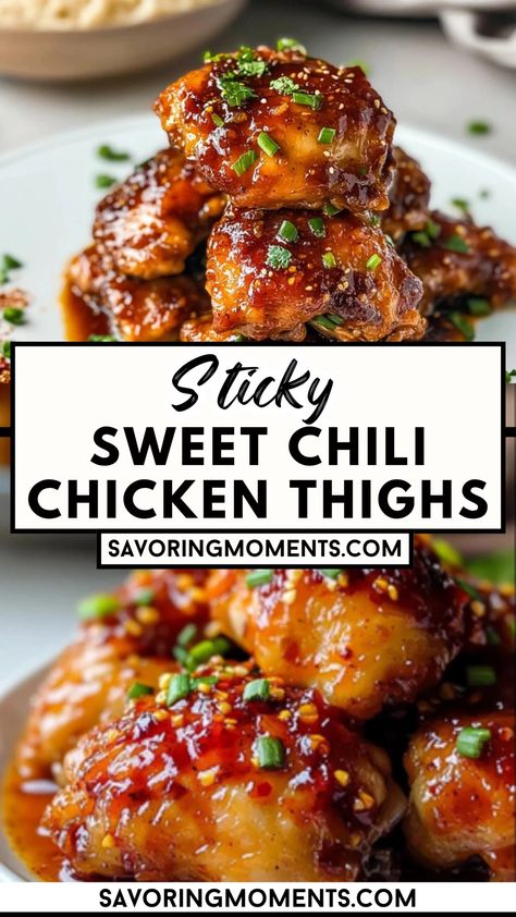 These Sticky Sweet Chili Chicken Thighs are the perfect balance of sweet and spicy, coated in a glossy, flavor-packed sauce that will have everyone asking for seconds. Juicy, tender, and irresistibly delicious! Hungry? Click for the full recipe #chickenrecipe #easychickendinner #sweetchilichicken #dinnerideas #stickychicken #spicyandsweet #weeknightmeals #homemadechicken #quickdinner #comfortfood Healthier Sweet And Spicy Chicken, Spicy Sweet Chili Chicken, Sticky Sweet Chili Chicken Thighs, Sweet And Spicy Chicken Sauce, Thai Chili Chicken Recipes, Chicken Thigh Chunks Recipes, Sweet Thai Chilli Chicken, Asian Chili Chicken, Thai Chili Sauce Recipe Chicken