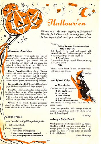 The Holiday Cookbook - Halloween - Page 40 by thepeachmartini, via Flickr Vintage Halloween Recipes, Muffins Halloween, Halloween Invitaciones, 1950s Halloween, Halloween Menu, Halloween Recipe, Halloween Tags, Pumpkin Face, Halloween Snacks