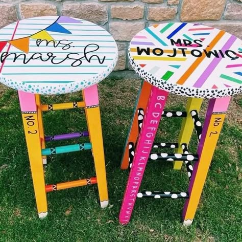 Teacher Bar Stool, Share Chair Classroom, Classroom Stools Painted, Diy Teacher Stool, Classroom Chair Ideas, Classroom Teacher Chair, Teacher Stools Painted Diy, Teacher Shower Ideas, Teacher Chairs For Classroom