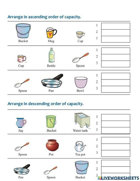 Grade 2 Lessons, Teaching Aids For Maths, Capacity Activities, Math Measurement Activities, Capacity Worksheets, Class 3 Maths, Action Verbs Worksheet, Balancing Scale, Reasoning Activities