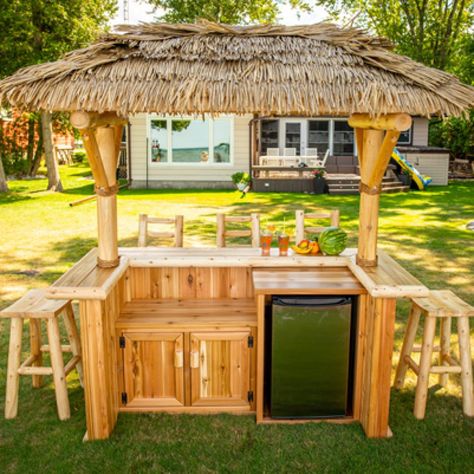 New Tropical Paradise Tiki Bar - Dundalk Leisurecraft Tiki Bars Backyard, Tiki Bar Stools, Pool Side Bar, Outdoor Tiki Bar, Thatch Roof, Cabinet Fridge, Home Oasis, Portable Hot Tub, 2 Door Cabinet