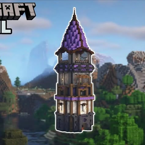 Are you searching for something mysterious and full of magic? Then why not try this enchanting amethyst tower? The interior and roof of this tower are made out of amethyst blocks with a unique shine to them. You can also add different lighting to this! With enough customization, I'm sure it'll turn out more beautiful! Try it out now! Enchanting Area Minecraft, Minecraft Tower Roof, Enchanting Room Minecraft, House Ideas For Minecraft, Tower Minecraft, Minecraft Roof, Minecraft Tower, Minecraft Tree, Ideas For Minecraft