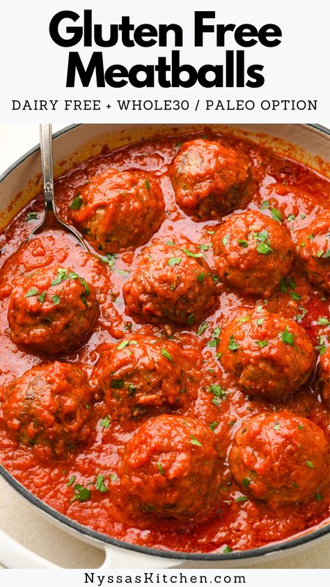 These gluten free meatballs are the perfect healthy comfort food! Made without breadcrumbs and just a handful of simple ingredients like ground beef, ground pork, almond flour, onions, parsley, and a flavorful blend of seasonings. The perfect thing to make when you're craving a hearty Italian inspired dinner! Gluten free, dairy free, paleo, Whole30 option. Meatballs Dairy Free, Healthy Ground Beef Recipes Easy, Dinner Gluten Free Dairy Free, Dairy Free Meatballs, Gluten Free Meatballs Recipe, Paleo Meatballs, Healthy Noodle Recipes, Beef And Pork Meatballs, Hamburger Meat Recipes Ground