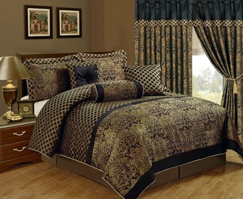 Amazon.com - Chezmoi Collection Lisbon 7-Piece Jacquard Floral Comforter Set, King, Black/Gold - Gold Comforter Set, Gold Bedding Sets, Fancy Bed, Gold Comforter, Floral Comforter Sets, Cal King Bedding, Gold Bed, Floral Comforter, Tuscan Inspired