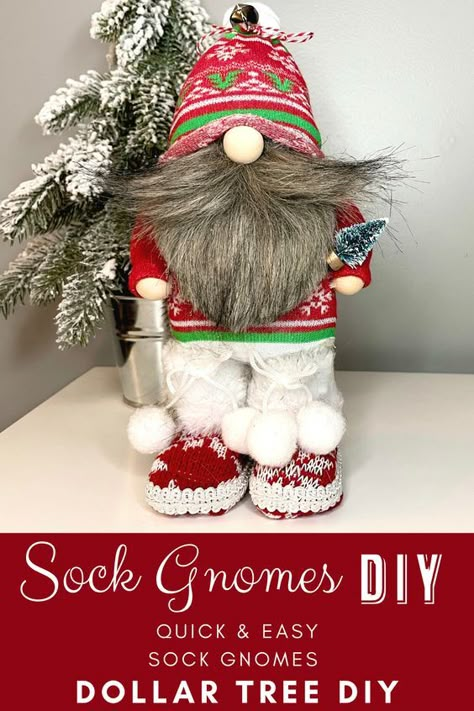 Sock Gnomes are so fun and easy to make, this one only cost a few bucks to make and is ALL Dollar Tree items! Check out the video! Large Gnomes Diy How To Make, Gnome Christmas Crafts, Christmas Sock Gnomes, Character Gnomes, Gnome Dollar Tree, Gnome Craft Ideas, Craft For Mom, Craft Gnomes, Gnomes For The Holidays