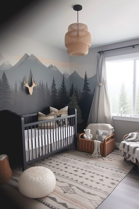 Farmhouse Neutral Nursery, Coed Nursery Ideas, Mountain Nursery Wall Diy, Rain Nursery Theme, Baby Nursery Mountain Theme, Dark Grey Nursery Ideas, Nursery Ideas Mountain Theme, Adventure Nursery Ideas, Winter Nursery Theme