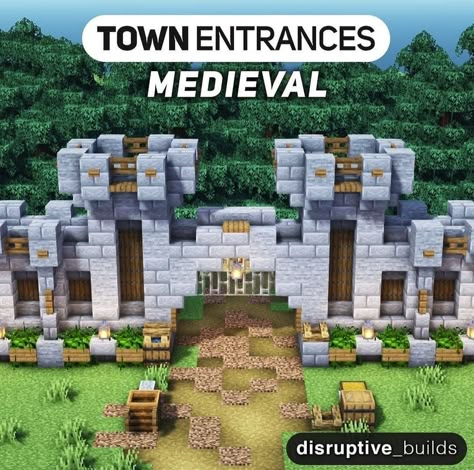 Minecraft Town Entrance Ideas, Craft Building Ideas, Minecraft Outdoor, Town Entrance, Minecraft Wall Designs, Minecraft Village Ideas, Minecraft Wall, Minecraft Village, Minecraft Banner Designs