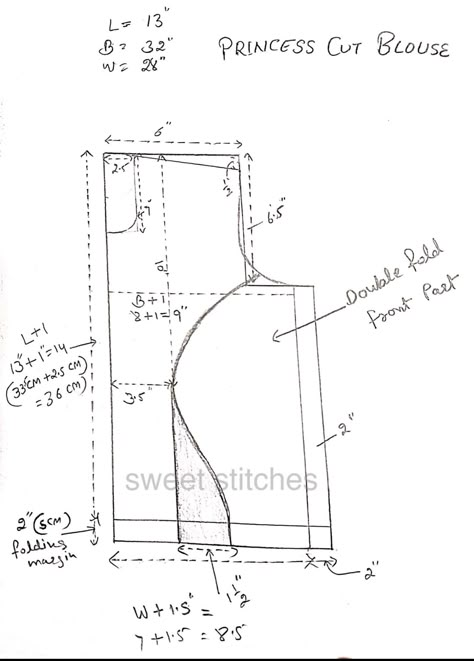 Sewing Pattern Drafting, Princess Blouse Designs Pattern, Blouse Measurement Chart, Lehenga Flat Sketch, How To Take Blouse Measurement, Blouse Measurement Chart Indian, Princess Blouse, Drafting Princess Seams, Princess Cut Blouse