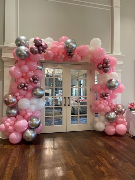 Pink White Silver Sweet 16, 21st Pink Dress, Silver And Pink Centerpieces, Sweet 16 Decorations Pink And Silver, Sweet 16 Pink White Gold, Pink Sweet 16 Balloon Arch, Pink And Silver Theme Party, Pink And Grey Sweet 16 Party, Silver Pink And White Birthday Party