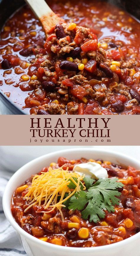 Healthy Turkey Chili - a lighter and healthy spin to the traditional chili soup recipe! The perfect one pot dinner and comfort food for busy weeknights, this soup takes 30 minutes, is full of flavor and so delicious! #turkey #chili #soup #stew #dinner #easy #healthy #glutenfree #30minutes #comfortfood #onepot #light #recipe #joyousapron Healthy Turkey Chili Recipe, Healthy Turkey Chili, Healthy Chili Recipe Turkey, Chili Healthy, Ground Turkey Chili, Turkey Chili Healthy, Turkey Chili Recipe, Healthy Chili, Eating Bird Food