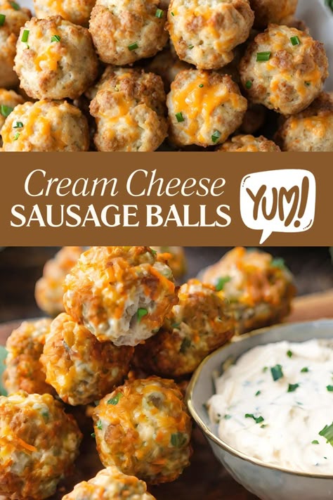 Cream Cheese Sausage Balls are bite-sized appetizers made with a mix of hot sausage, cream cheese, Bisquick, and shredded cheddar. Rolled into balls and baked, they offer a flavorful, slightly spicy snack perfect for parties or gatherings. Sausage Cheese Balls With Cream Cheese, Sausage Balls With Dipping Sauce, Bisquick Sausage Balls With Cream Cheese, Sausage Balls With Cream Cheese Bisquick, Sausage Ball Recipe Bisquick, Sausage Balls Appetizer, Spicy Sausage Balls Bisquick, Sausage Ball Dip, Cream Cheese Sausage Balls Bisquick