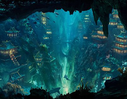 Atlantis City Art, Atlantis Fantasy Art, Water World Fantasy Art, Atlantis Art Underwater City, Dnd Setting Inspiration, Atlantis Artwork, Fantasy Water City, Water City Fantasy Art, Atlantis Illustration