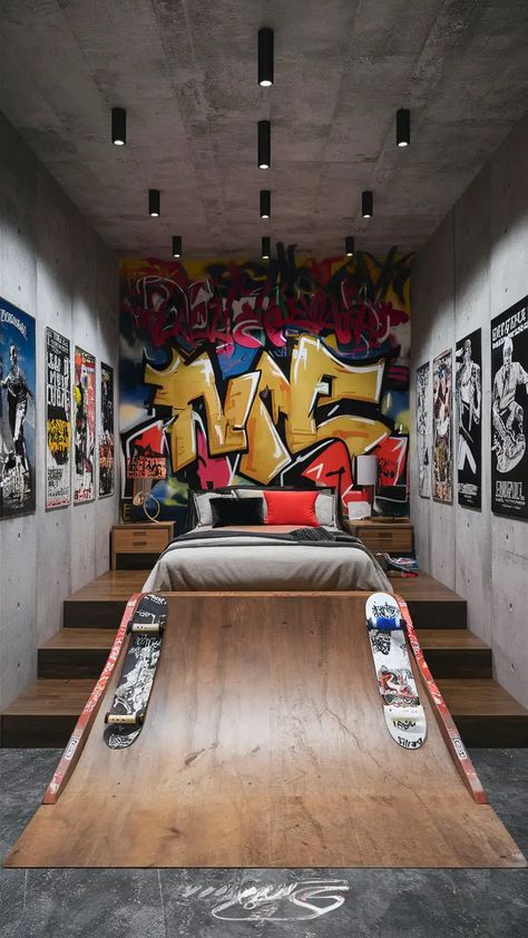 20 Skater Room Ideas for the Ultimate Skateboarder Haven - Roomrhythm Room Inspo Skater, Skater Aesthetic Room, Skater Boy Room, Skater Room Ideas, Skateboard Bedroom, Skater Room, Rhythm Design, Skateboard Room, Skateboard Decor