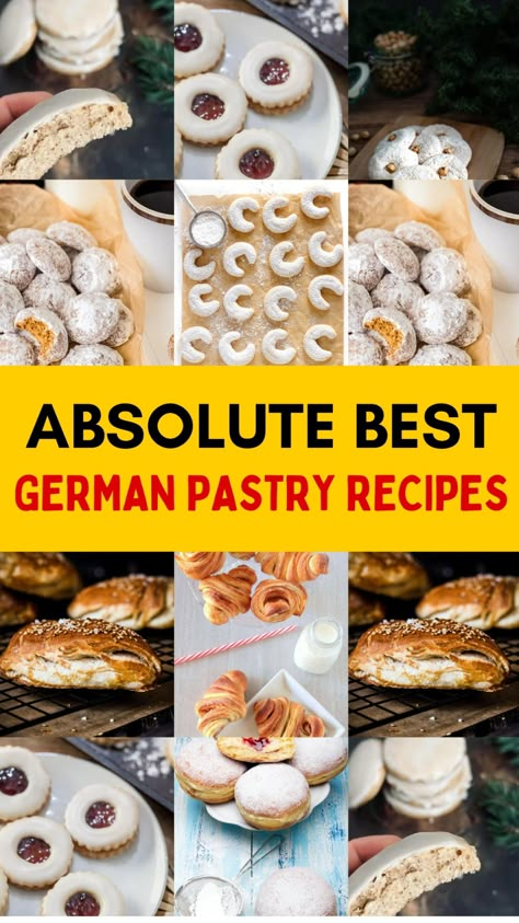 "Various German pastries including crescent cookies, jam-filled cookies, and sugar-dusted pastries." German Fried Dough, German Strudel Recipes, German Baked Goods, Quick Pastry Recipes, German Pastry Recipes, German Baking Recipes, German Desserts Authentic, German Recipes Authentic, German Treats