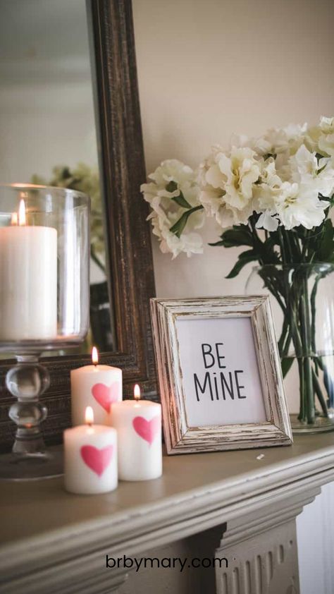 Valentine’s Day Front Entry Table Decor, Romantic Valentine's Day Mantel Decor Ideas, Valentines Garland Mantle, Valentine's Day Living Room Decor, Valentines Day Garland Mantels, Diy Valentine Home Decor Ideas, Valentine’s Day Decor Mantel, Eclectic Valentines Decor, Mantle Valentine Decorating Ideas