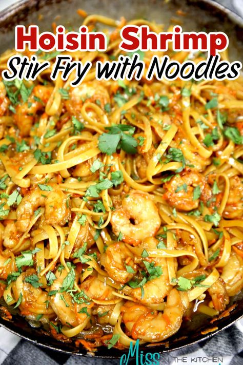 Hoisin Shrimp Stir Fry with noodles is a delicious dinner for busy weeknights. Loaded with amazing flavors and homemade hoisin sauce. Shrimp Stir Fry With Noodles, Hoisin Shrimp, Recipes With Hoisin Sauce, Homemade Hoisin Sauce, Stir Fry With Noodles, Stir Fry Shrimp Recipes, Rice Noodle Recipes, Rice Noodles Stir Fry, Shrimp Noodles