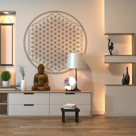 Sacred Geometry Interior Design, Flower Of Life Wall Art, Sacred Geometry Decor, Sacred Geometry Wall Art, Wall Mandala Art, Home Studio Bedroom, Yoga Wall Decor, Art Chakra, Mandala Decor