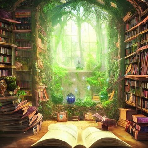 Cottage Fantasy Art, Stage Room, Woodland Mural, Magical Library, Retro Fairy, Wood Elves, Magical Books, Pirate Princess, Fantasy Architecture