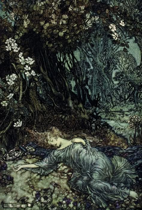 Arthur Rackham, A Midsummer Night’s Dream, 1908 Arthur Rackham Illustrations Fairy Tales, Elinor Aesthetic, Old Fairytale Illustration, Midsummer Nights Dream Aesthetic, Fae Wild, Midsummer Night's Dream Characters, Horse Mythology, Fairytale Horror, Arthur Rackham Illustrations