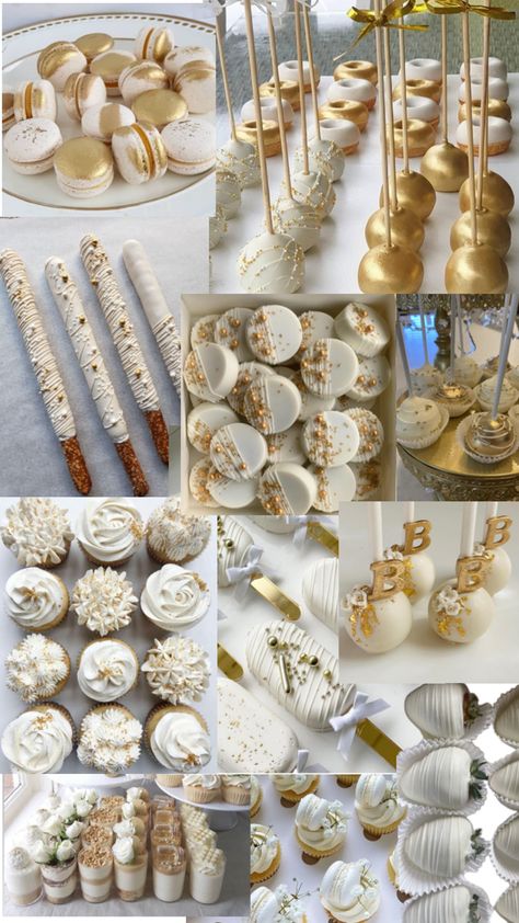 White And Gold Bridal Shower Ideas Centerpieces, 21st Table Decor, Elegant Treats Desserts, Rice Crispy Treats Dessert Table, Wedding Ideas Dessert, Bridal Shower Ideas White And Gold, White And Gold Food Display, White And Gold Sweets Table, 21st Birthday Candy Table