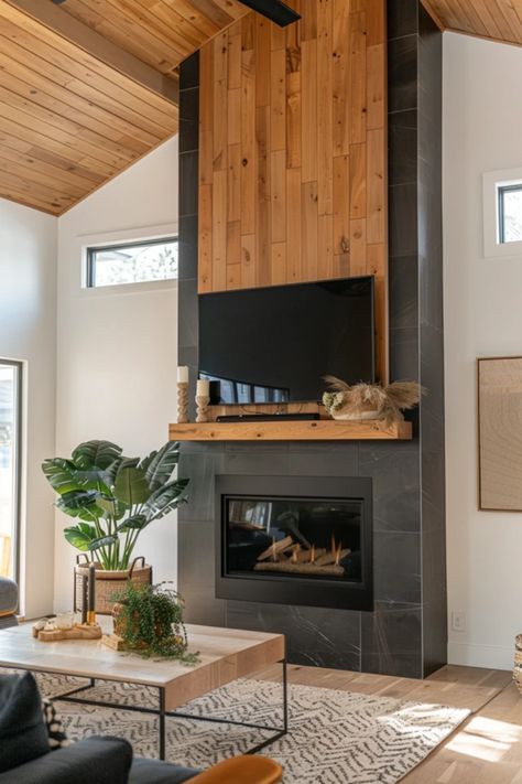 Cedar Ceilings Living Room, High Ceiling Electric Fireplace Wall, Fireplace Ceiling To Floor, A Frame Ceiling Living Room, Tall Wood Fireplace Wall, Built In Wood Burning Fireplace, Wood Surround Fireplace Ideas, Wood Accent Wall With Fireplace, Japandi Fireplace Wall