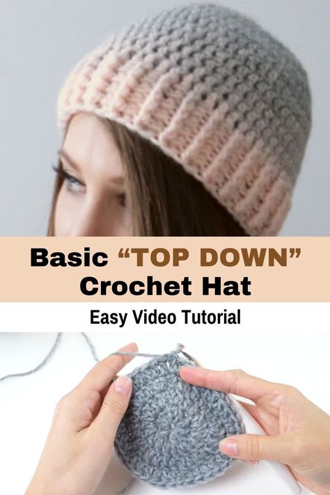 Crochet Hat From Top Down, Top Down Crochet Hat Pattern Free, Top Down Crochet Beanie, Top Down Crochet Hat, Diy Bonnet, Crochet A Hat, Crochet Adult Hat, Chemo Beanies, Hat For Baby