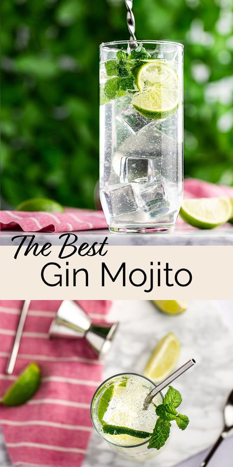 This gin mojito is the perfect mojito recipe for anyone who loves gin. Made just like a classic mojito, but without rum. Lime juice, fresh mint leaves, sugar and gin are muddled together, then topped with a dash of club soda for a refreshing, light summer drink. Gin Mojito Recipe, Gin Mojito, Mojito Recipe Pitcher, Gin Drink Recipes, Mojito Recipe Classic, Easy Drinks To Make, Classic Mojito, Mint Drink, Mint Cocktails