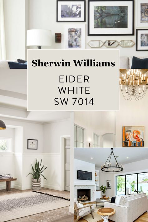 Eider White is a subtle gray that is soothing, chic, and timeless. You have to be careful because it's tricky in low light. Read the full paint color review here! #sherwinwilliams #paintcolor #eiderwhite #whitepaint #paintcolors #whitepaintcolors Eider White Color Scheme, Eider White Vs Agreeable Gray, Eider White Complimentary Colors, Sherwin Williams Eider White Walls, Eider White Vs Repose Gray, Low Light Living Room Paint Colors, Eider White Sherwin Williams Walls, Eider White Coordinating Colors, Eider White Cabinets