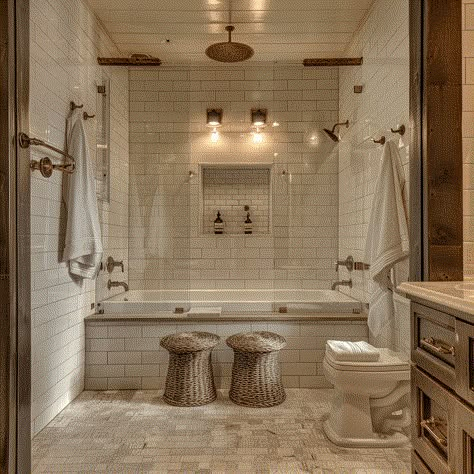 Master Bath Ideas Tub Shower Combo, 2 Person Tub Shower Combo, Farmhouse Bathroom With Soaker Tub, Corner Bath And Shower Ideas, Bathroom Remodel Big Tub, Lake House Master Bath Ideas, Farmhouse Inspired Bathroom, Full Tiles Bathroom, Unique Tub Shower Combo