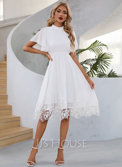 Embroidered High Neck Elegant A-line Chiffon Midi Dresses (295286762) High Neck Reception Dress, Modest Homecoming Dresses Mormons, White Graduation Dress Knee Length, Confirmation Dresses For Teens Catholic, White Dress Pink Flowers, Knee Length White Dress, Confirmation Dresses White, Graduation Dress For Mom, White Dress Knee Length