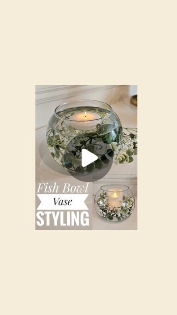 Claire Bell on Instagram: "Fish Bowl Styling 🫶🏻

Here are 2 unique ideas to style a fish Bowl vase 🎉 of course, you can use your vase to simply place some tulips, etc, but you can also get creative and make your own design with your favourite flowers 💐 

I have used Eyculptus, gypsophilia, and some fern for these ones, so it's really simple for any occasion or just for your own home decor.

The bigger candle is led, and it looks and feels so real. I absolutely love these 🫶🏻

Perfect for a centrepiece on a table or sideboard 🫶🏻

Which one is your favourite 😍 

Have a fab evening xo 
Claire 

#centerpieces #centerpiecesideas #floralcenterpiece #diyhomedecor #fauxflower #flowervases #vasestyling #diyhacks #tabledecor #floraldecor #dunelm #glassvasedecor #weddingdecorideas  #weddingta Fishbowl Centerpiece Table Decorations, Bowl Centerpiece Ideas Wedding, How To Decorate A Glass Bowl, Fish Bowl Flower Centerpiece, Crystal Bowl Decor Ideas, Fish Bowl Centerpiece, Fish Bowl Centerpiece Wedding, Fish Bowl Ideas, Bowl Styling