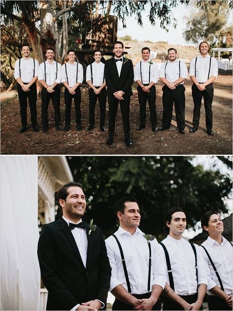 black and white groomsmen in suspenders - Burgandy Bow ties + White Pocket square Black And White Groomsmen, Groomsmen In Suspenders, Groomsmen Attire Black, White Tuxedo Wedding, Wedding Suits Men Black, Groomsmen Suspenders, Wedding Groomsmen Attire, Groomsmen Outfits, Groom And Groomsmen Attire