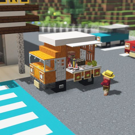 Minecraft Pop Up Shop, Food Trucks Minecraft, Fast Food Minecraft Builds, Cute Minecraft Town Builds, Minecraft Concession Stand, Blueberry House Minecraft, Minecraft Stores Ideas Aesthetic, Food Stall Minecraft, Minecraft Meat Shop