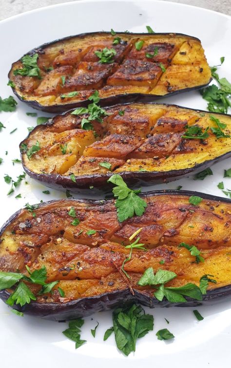 Roasted Eggplant Halves, Eggplant In Oven Recipe, Roasted Aubergine Recipes, Chicken With Eggplant Recipes, Oven Roasted Eggplant Recipes, Roasted Eggplant Oven, Oven Eggplant, Eggplant In Oven, Aubergine Oven