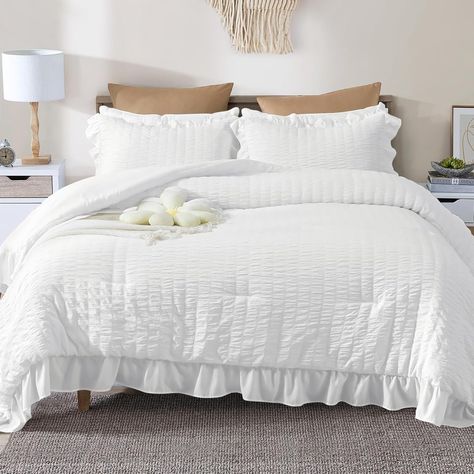 Amazon.com: JOLLYVOGUE Queen Comforter Set, 3 Pieces White Seersucker Comforters Queen Size, Lightweight & Fluffy Bedding Sets Queen for All Season with 1 Ruffle Comforter and 2 Ruffle Pillowshams : Home & Kitchen White Bedsheets Ideas, Cute Comforters Aesthetic, White Bed Comforters Ideas, Cream Quilt Bedding, White Comforter Bedroom Ideas, Cute Comforter Sets, Coastal Comforter, Preppy Comforter, All White Bedding