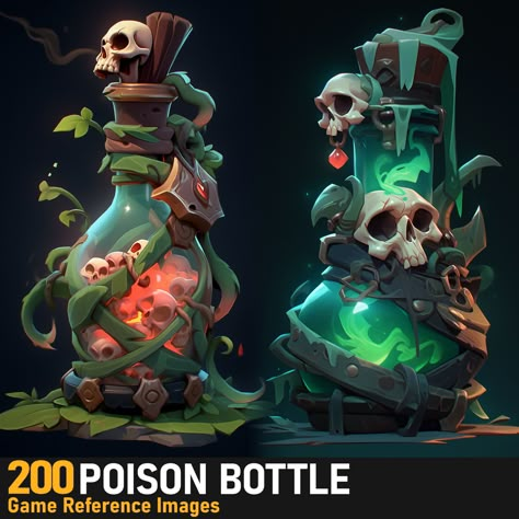 Poison Concept Art, Poison Bottle Illustration, Fantasy Potion Art, Potion Shop Fantasy Art, Potion Bottle Concept Art, Potion Bottle Digital Art, Props Illustration, Bottle Drawing, Low Poly Games