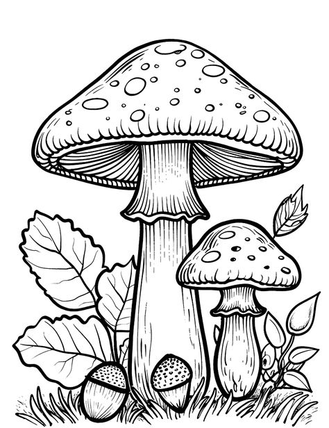 Autumn Mushrooms and Acorns: Mushrooms mixed with acorns and autumn leaves on the forest floor. (Free Printable Coloring Page for Kids) Printable Mushroom Coloring Page, Mushroom Clipart Black And White, Free Mushroom Printables, Free Autumn Coloring Pages, Bee Coloring Pages Free Printable, Color Pages Free Printable, Coloring Book Art Free Printable, Free Autumn Printables, Autumn Colouring Pages