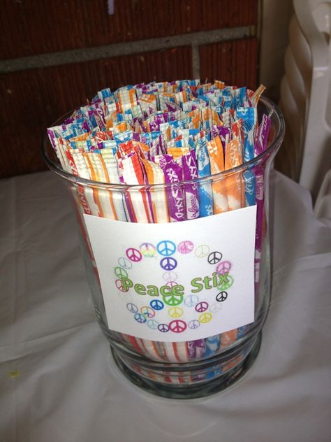 Peace Stix for peace birthday party Peace Party Food, Peace Love Pool Party, Groovy 50th Birthday Party, 60s Theme Party Food Ideas, Peace Out Birthday Party, Hippy Party Favors, Peace Out Summer Party, That 70s Show Birthday Party, Peace Sign Birthday Party Ideas