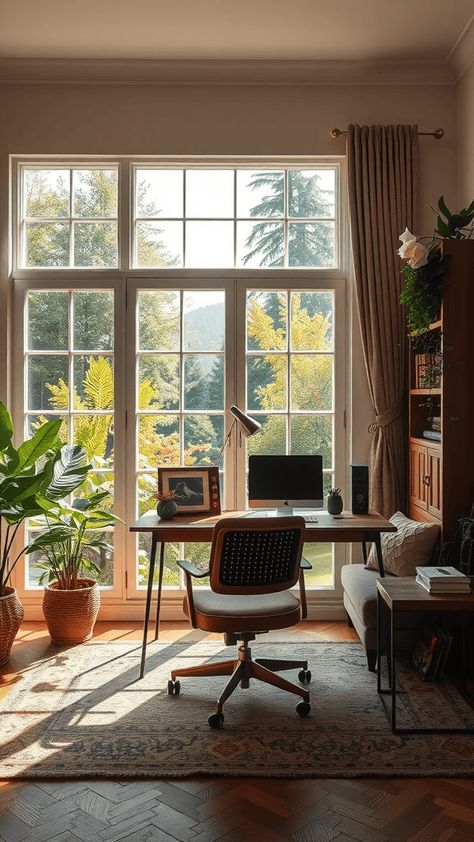 28 Stunning Home Office Ideas with Windows for Maximum Inspiration - Work Well Remote Desk In A Living Room, Office With Couch And Desk, Aspirational Aesthetic, Office Space In Living Room, Office With Windows, Home Office With Daybed, Office With Daybed, Pink And White Decor, Feminine Home Office Ideas