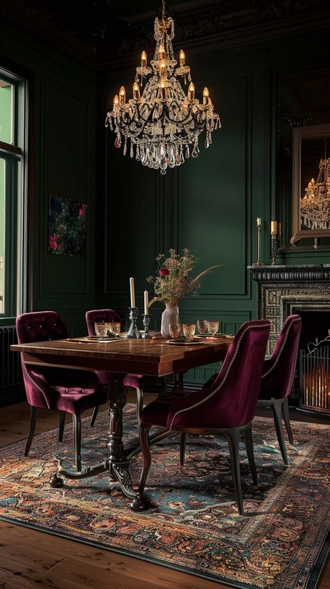 Victorian Inspired Dining Room, Victorian Era Dining Room, Purple And Green Dining Room, Dining Room Gothic, Burgundy Dining Room Ideas, Deep Green Dining Room, Whimsigoth Dining Room, Rich Dining Room, Green And Gold Dining Room