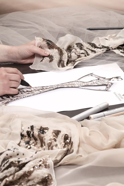 Exclusive gown designed exclusively for Harrods by Roberto Cavalli and handcrafted in Italy - Behind the scenes #gown #RobertoCavalli Sewing Aesthetic, Fashion Process, Dior Atelier, Exclusive Gowns, Fashion Designer Studio, Haute Couture Details, Fashion Design Sketchbook, Designer Studio, Fashion Design Portfolio