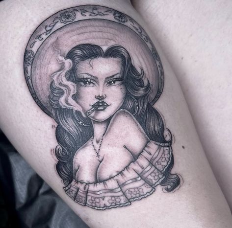 Chula Tattoo, Chicano Flash Tattoo, Cholo Style Tattoo, Chicana Aesthetic Tattoos, Mexican Princess Tattoo, Chicano Prison Art, Charra Tattoos Mexican, Mexican Pinup Tattoos, Chicana Tattoo Design