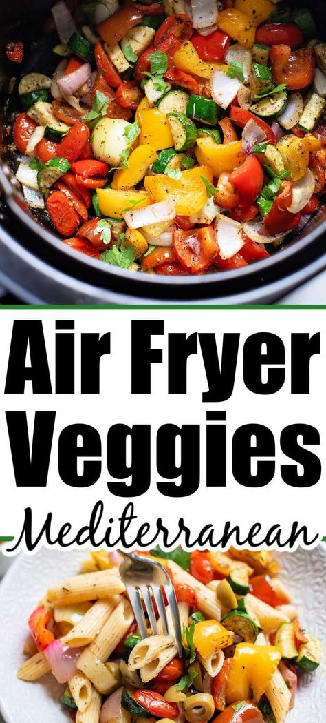 Mediterranean roast vegetables in air fryer with a flare are here! A healthy side dish or vegetarian one pot meal with crispy veggies. Meals With Vegetables Healthy, Air Fry Mediterranean Diet, Roasted Vegetables Air Fryer Recipes, Meditterean Diet Side Dishes, Air Fryer Mediterranean Vegetables, Air Fryer Recipes Easy Dinner Vegetarian, Airfryer Mediterranean Recipes, Grilled Mediterranean Vegetables, Mediterranean Diet Recipes Air Fryer