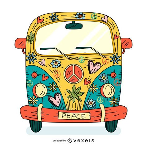 Colorful cartoon of a hippie bus (van) painted with flowers, hearts and peace symbols with Combi Hippie, Van Drawing, Van Hippie, Barbie Fairytopia, Vw Art, Hippie Bus, Hippie Van, Icarly, Hippie Art