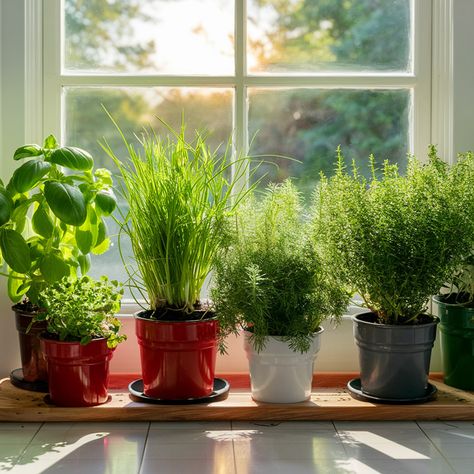 Herb plants add beauty to your garden and flavor to your kitchen. Nothing is better than using #herb plants from your garden when cooking. It's convenient, and you get the freshest flavors. #herbs🌱🌿 Indoor Garden Herbs, Flower In Kitchen, Herbs In Pots Kitchen, Window Herbs Kitchen, Plants For The Kitchen, Indoor Herb Garden Aesthetic, Herb Garden Apartment, Office Garden Indoor, Window Herb Garden Indoor